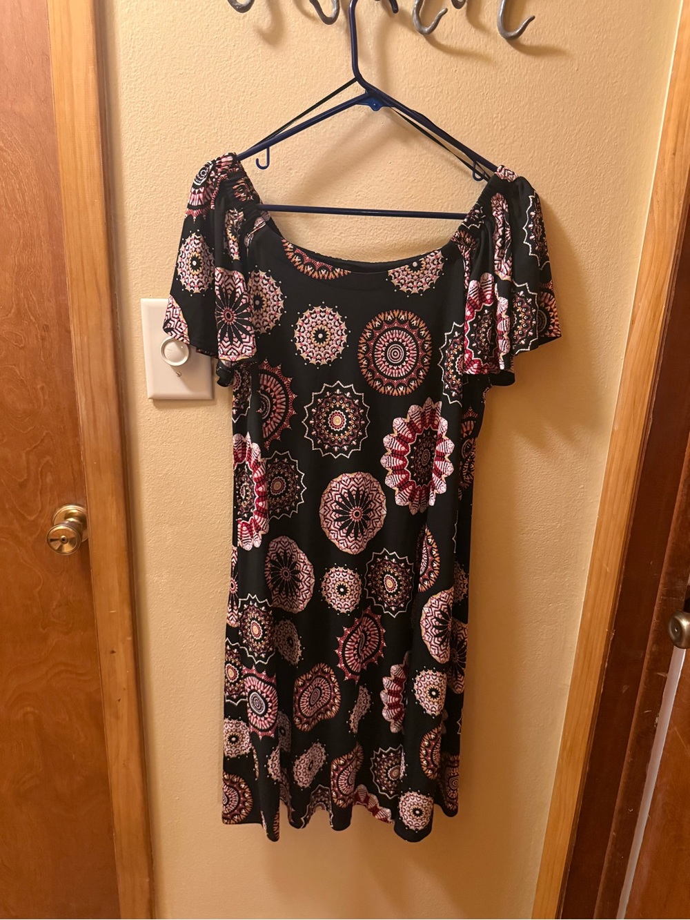 Robbie Bee Black Midi Dress with Pink and Cream Medallion Print